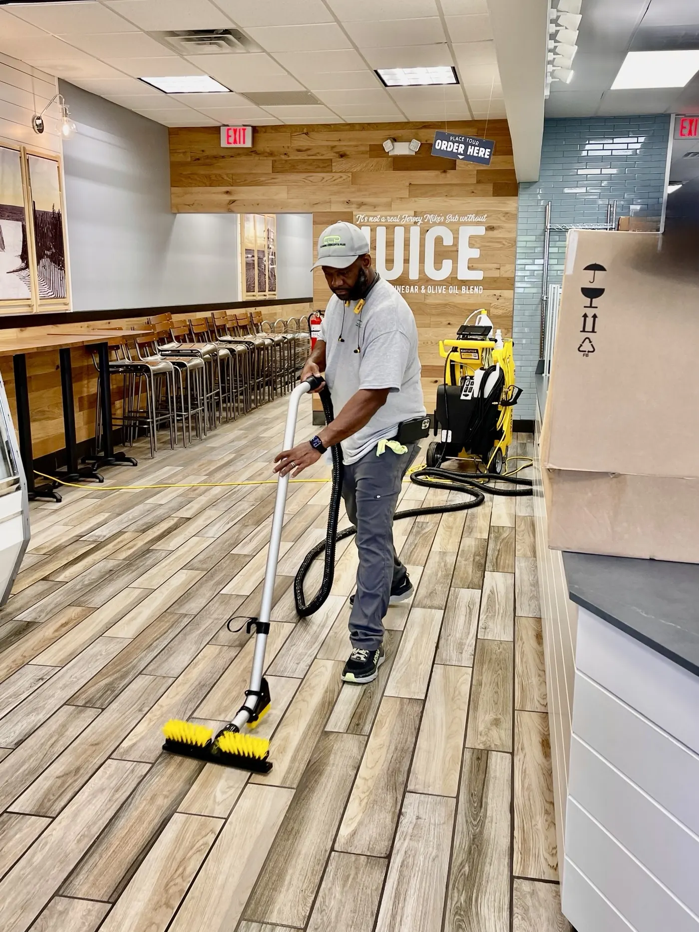Restaurant dining area floor cleaning and sanitization