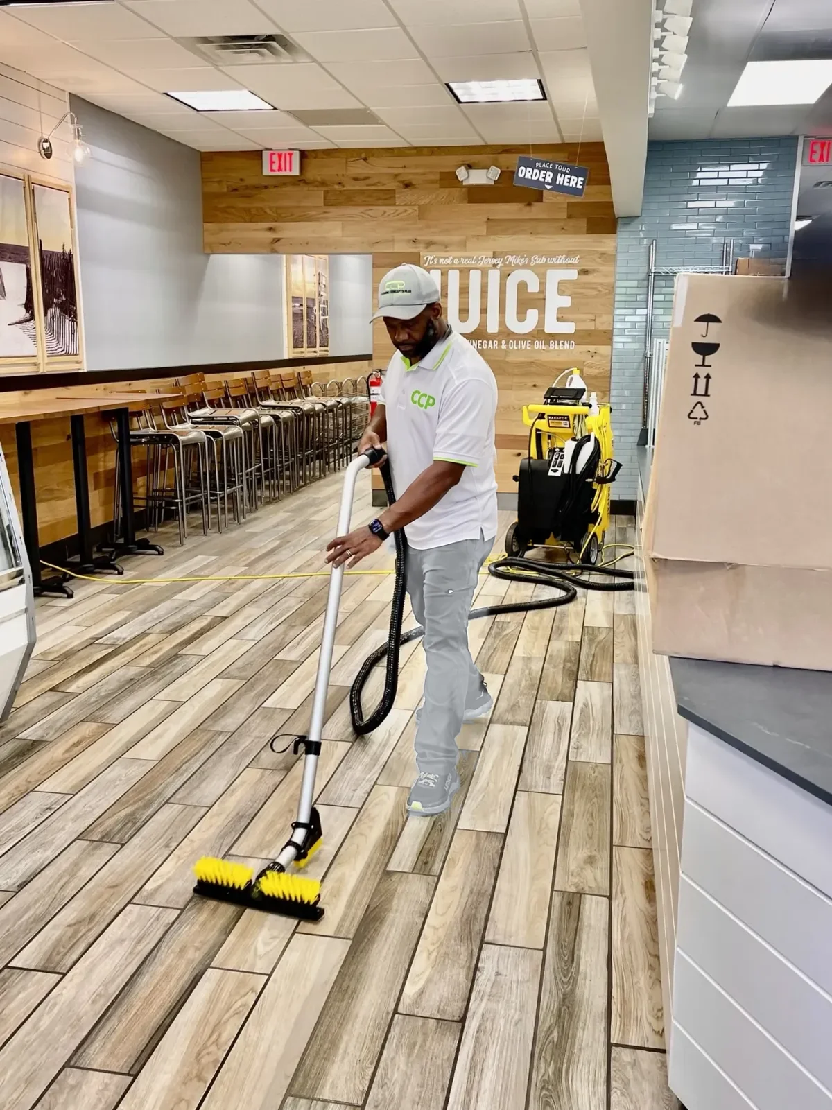 Restaurant dining area floor cleaning and sanitization